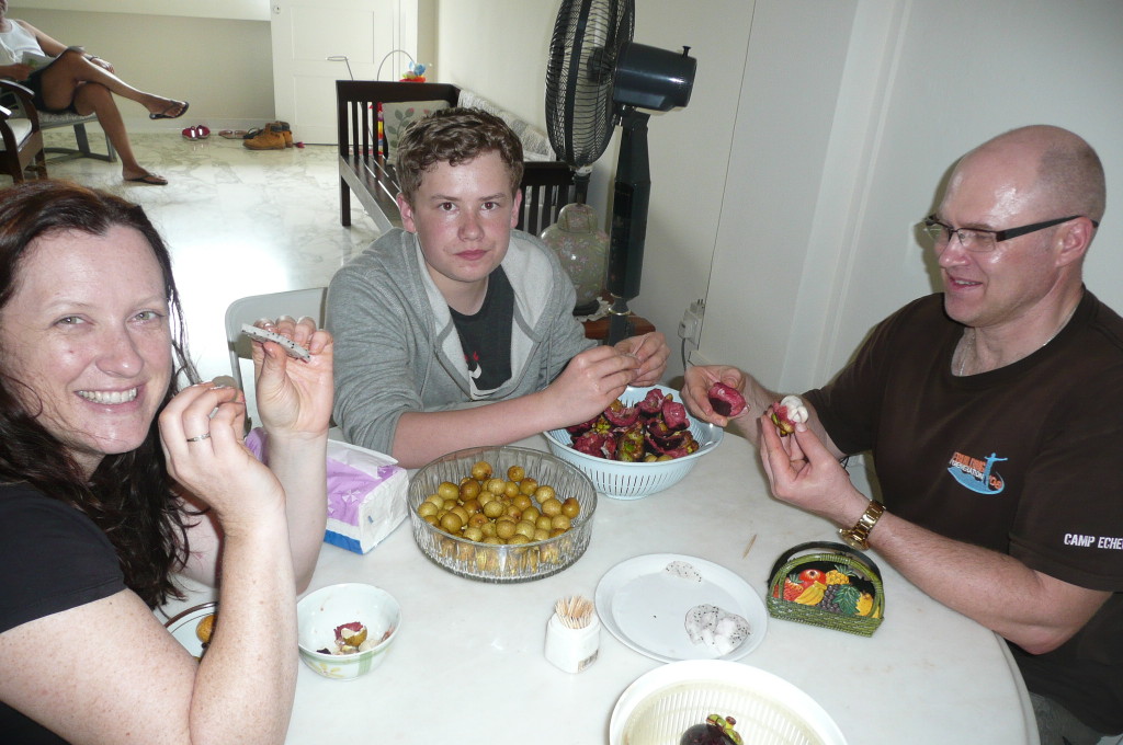 Stinking hot (you can tell by our shiny faces, not by Kaleb's warm clothing!), but the tropical fruit our friend introduced us to was amazing. My first taste of Mangosteen, and I LOVE it.